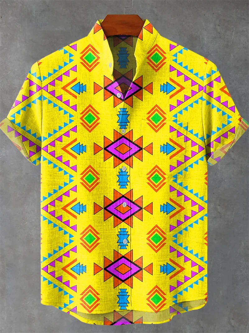 New Hawaiian Style Vintage Octopus Pattern Short Sleeve Men's Shirt Loose Breathable Fashionable Linen Top