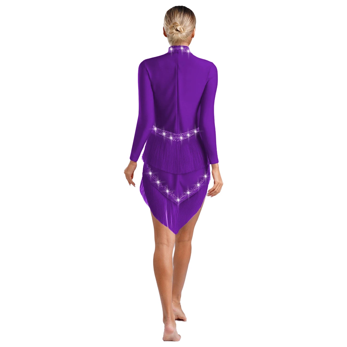 Womens Tassel Latin Tango Samba Dance Dresses Stage Performance Costume Long Sleeve Irregular Hem Shiny Rhinestones Dance Dress