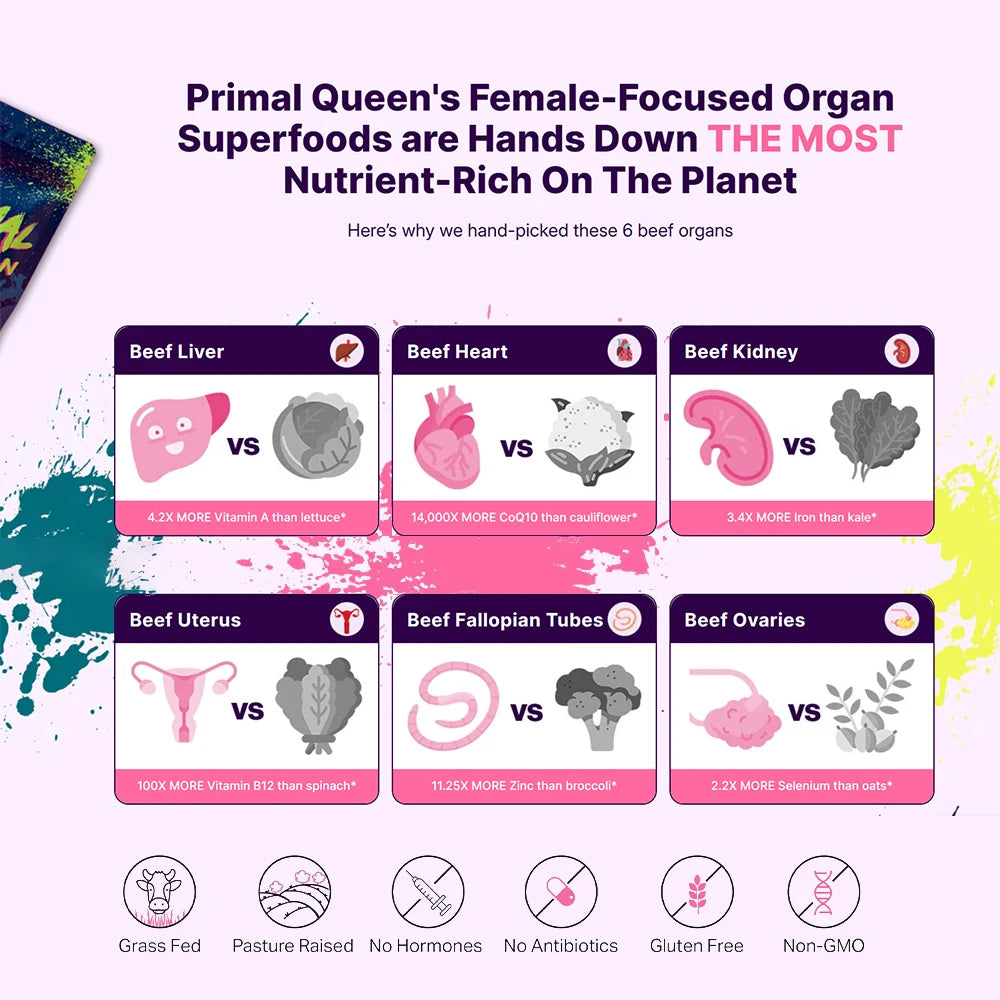 Female-Focused Beef Organ Supplement for Women - 6 Grass Fed Organs - Balance Hormones, Boost Energy & Wellness - 60 Capsules