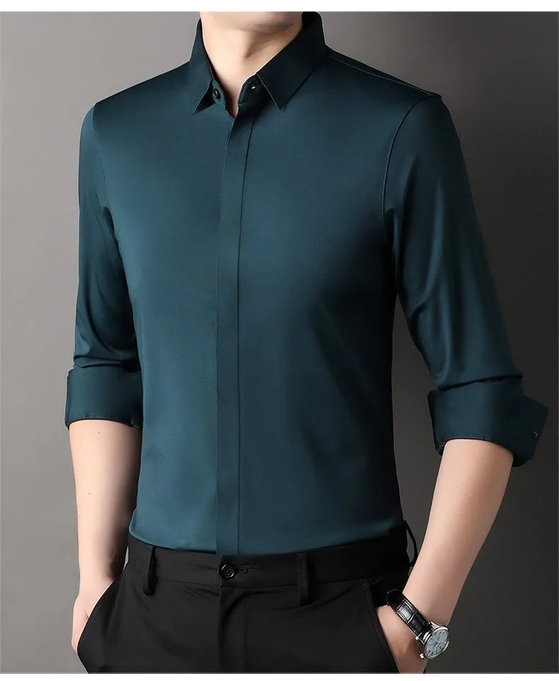 High end Mulberry Silk Dress Shirts Business Men Wrinkle Resistant Button Invisible Elastic Tops Luxurious Male Quality Clothing