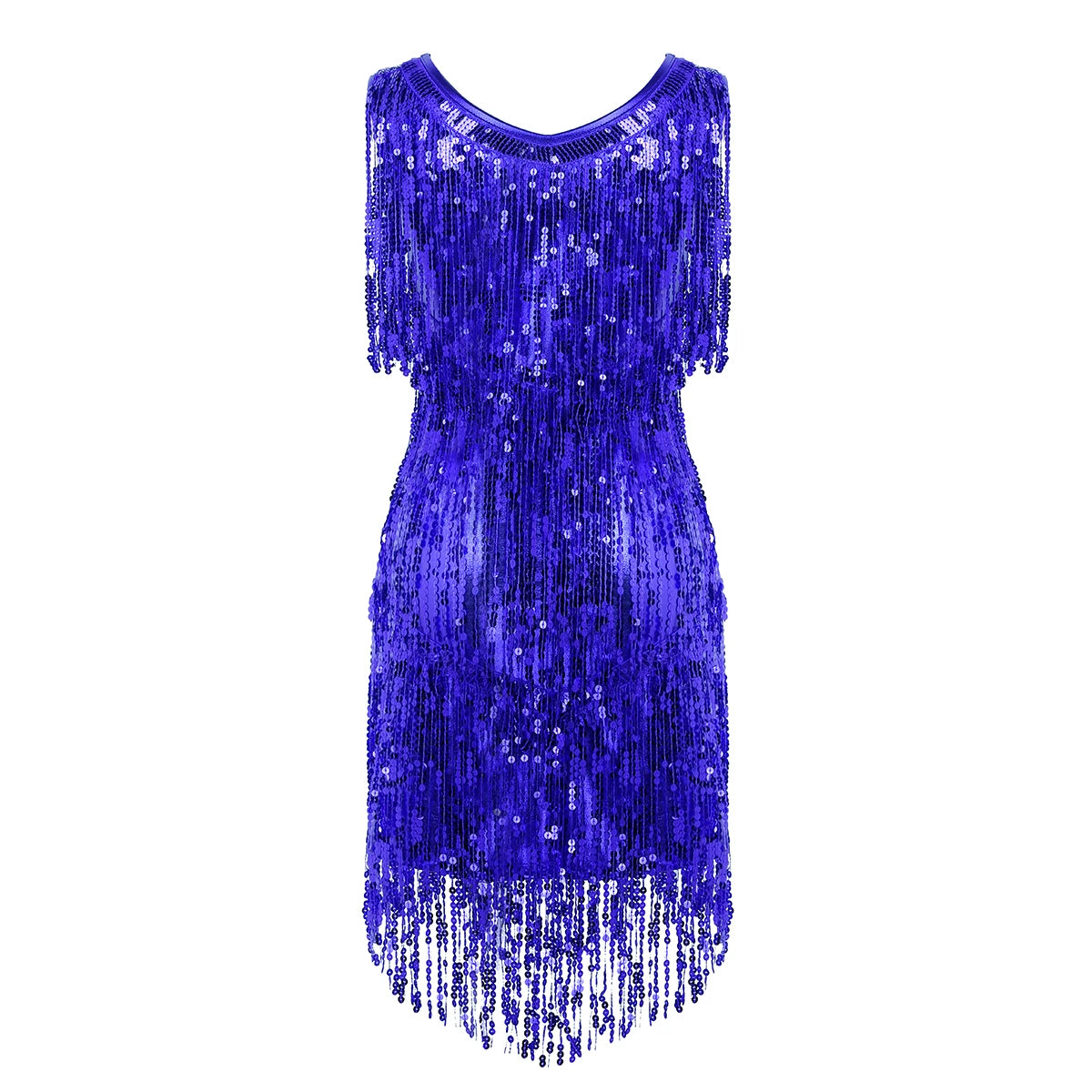 Women Latin Dress Shiny Sequin Sleeveless Tassels Fringed Dress Tango Samba Rumba Ballroom Salsa Jazz Dance Performance Costume