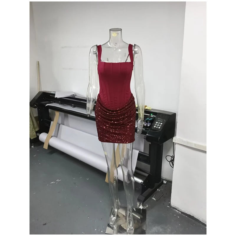 Sexy Sequin Patchwork Sling Mini Dress Women Chic Off-shoulder Backless Waist Cinching Slim Short Dresses Lady Club Party Gowns