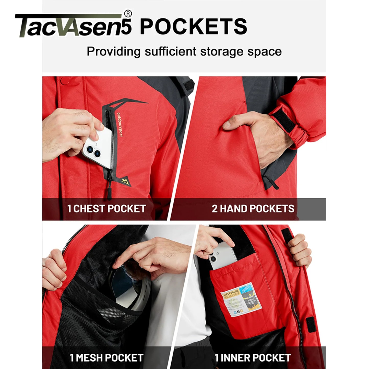 TACVASEN Winter Thicken Coats Mens Ski Snow Jacket Waterproof Fleece Insulated Jackets Outdoor Snowboard Warm Parka Raincoat