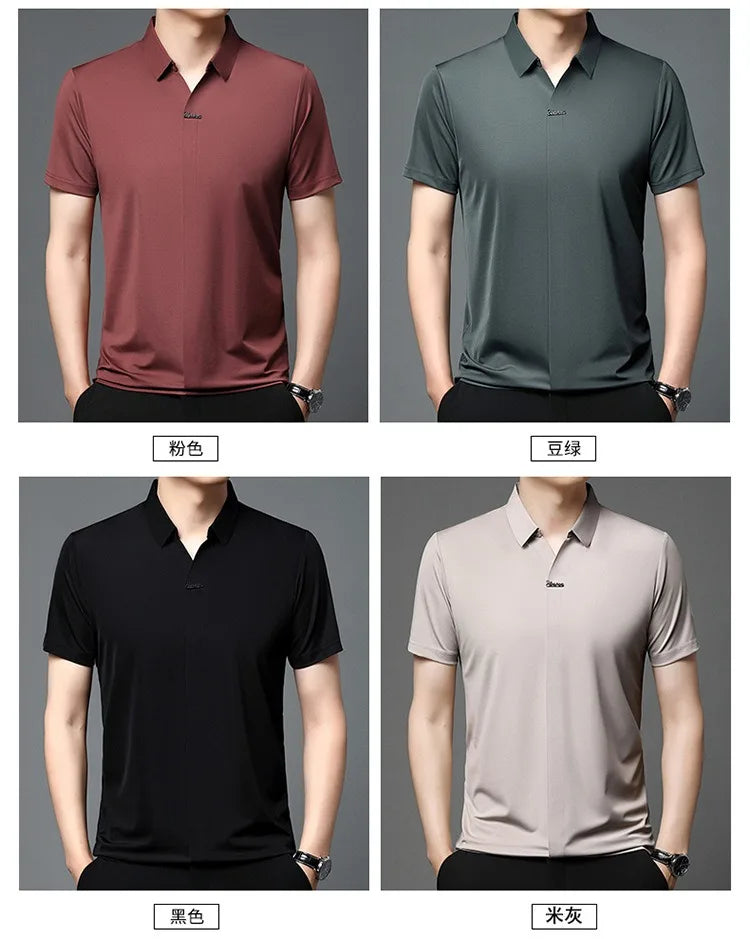 High End Mulberry Silk T-shirts Man Long Sleeve Tops Business Casual Elastic Non-iron Seamless Quality Luxurious Men Polo Shirts