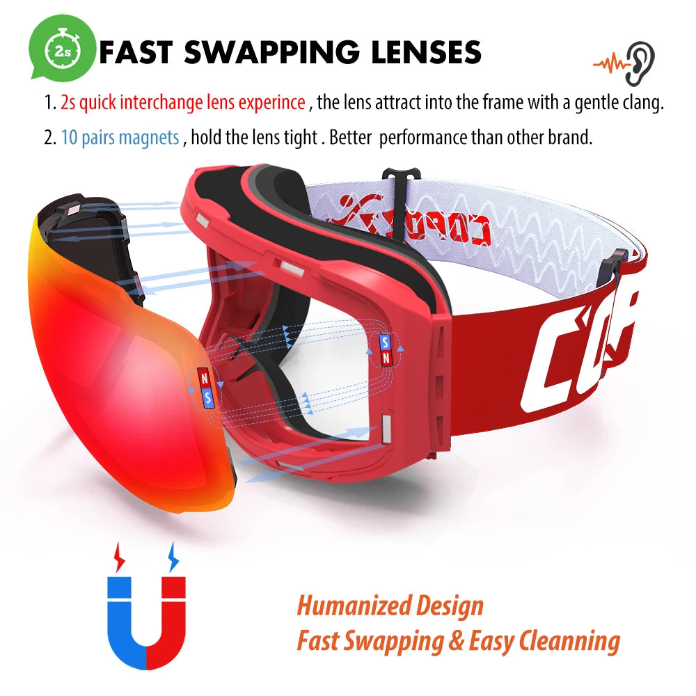 COPOZZ Magnetic Ski Goggles Men Women UV400 Protection Anti-Fog Ski Mask Outdoor Sport Snowboard Skiing Eyewear Adult