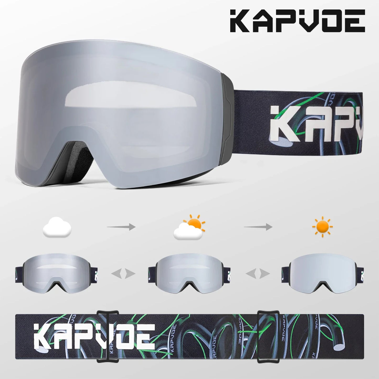Kapvoe Photochromic Ski Goggles Magnetic Anti-Fog Lenses UV400 Protection Men Women Ski Goggles Snow Sunglasses Sports Eyewear
