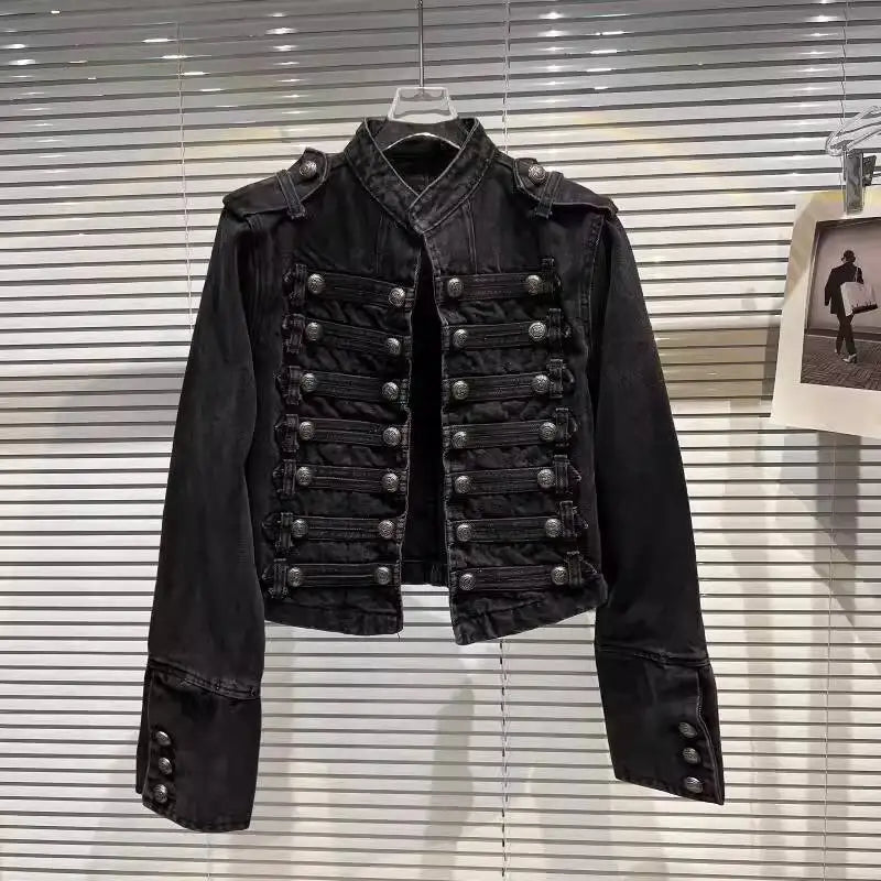 DEAT 2025 Autumn New Fashion Metal Buckle Design Shoulder Strap Denim Short Jacket For Women High Street Coat Female 11A06995
