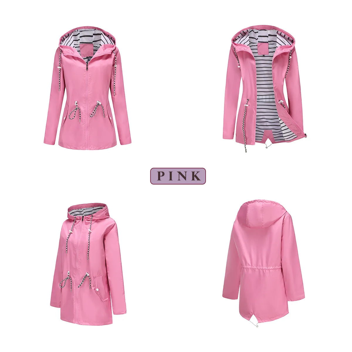 Red Waterproof Hooded Jacket, Women Fashion Casual Coat, Waist Drawstring Tie Zipper Switch Blue Green Yellow Black Windbreaker