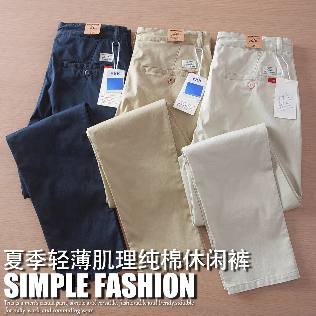 2025 Summer New American Retro Thin Micro Elasticity Casual Pants Men's Simple 97% Cotton Slim CHINO Business Straight Trousers