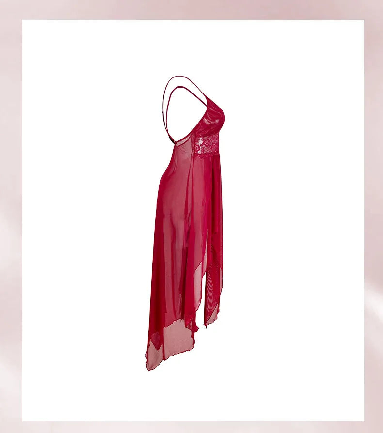 Irregular Suspender Women Vacation Style Skirt Sexy Female Lingerie Transparent Mesh V-neck Backless Long Dress Woman Pajamas