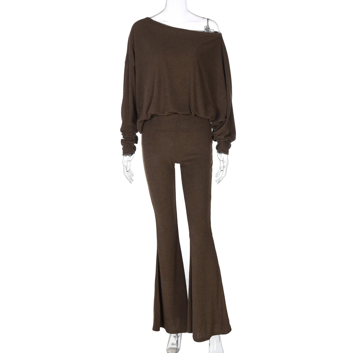 Dulzura Fashion Sexy 2 Piece Pants Set Skew Collar Long Sleeves Slim T-Shirt And Flare Pants Matching Set Party Club Streetwear