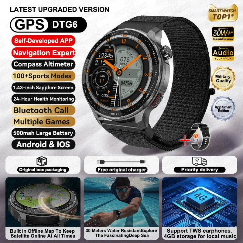 2026NEW GPS Offline Maps Sport Smart Watch Men 4GB Memory Music Video Player AMOLED 3D Menu Style Swim Waterproof Smart Bracelet