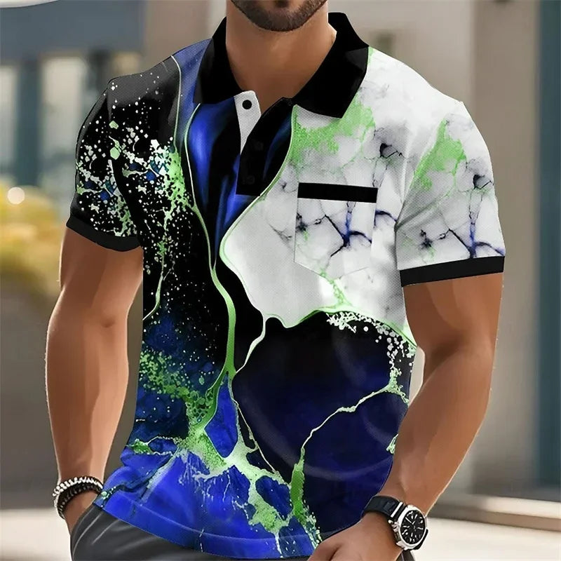 Fashionable summer short-sleeved men's polo shirt with 3d printed stripes, men's lapel, high-quality men's shirt, casual wear