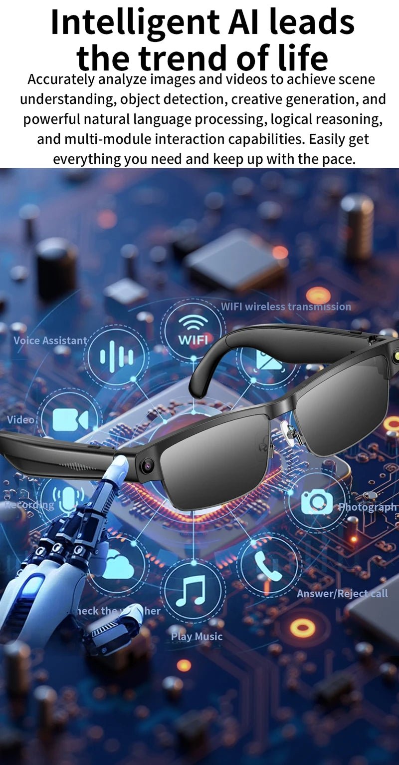 Lenovo HD AI Smart Glasses Photochromic Chat GPT Camera Bluetooth Call Voice Assistant Music Player Translation Semi-Rimless