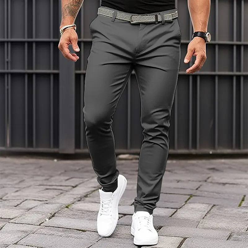 Men's Solid-color Slim-fit Pants with Front Pockets and Zippers for Business Casual Wear with Tapered Bottom Pants Men