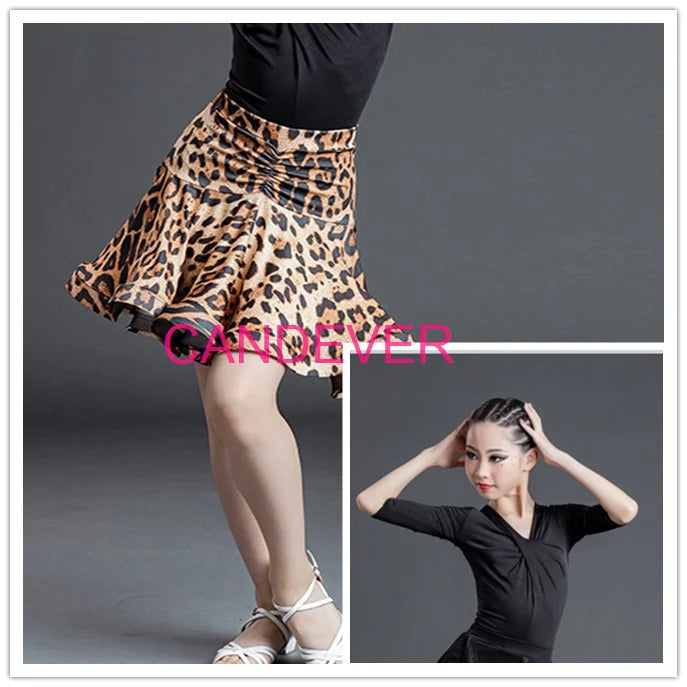 sexy Latin Dance Costume For Girls Ballroom Salsa Tango top Skirts Kids Child lace Leopard Latin Dance Split Dress Leotard Skirt