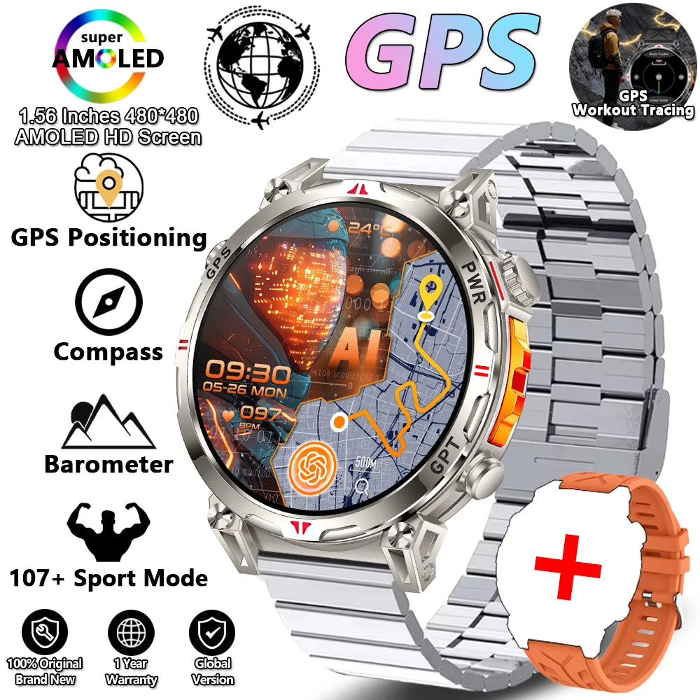2026 New Outdoor Sports Smartwatch Men GPS Positioning 650mAh HD Call 1.56-inch AMOLED Screen Compass 5ATM Waterproof Watch Man