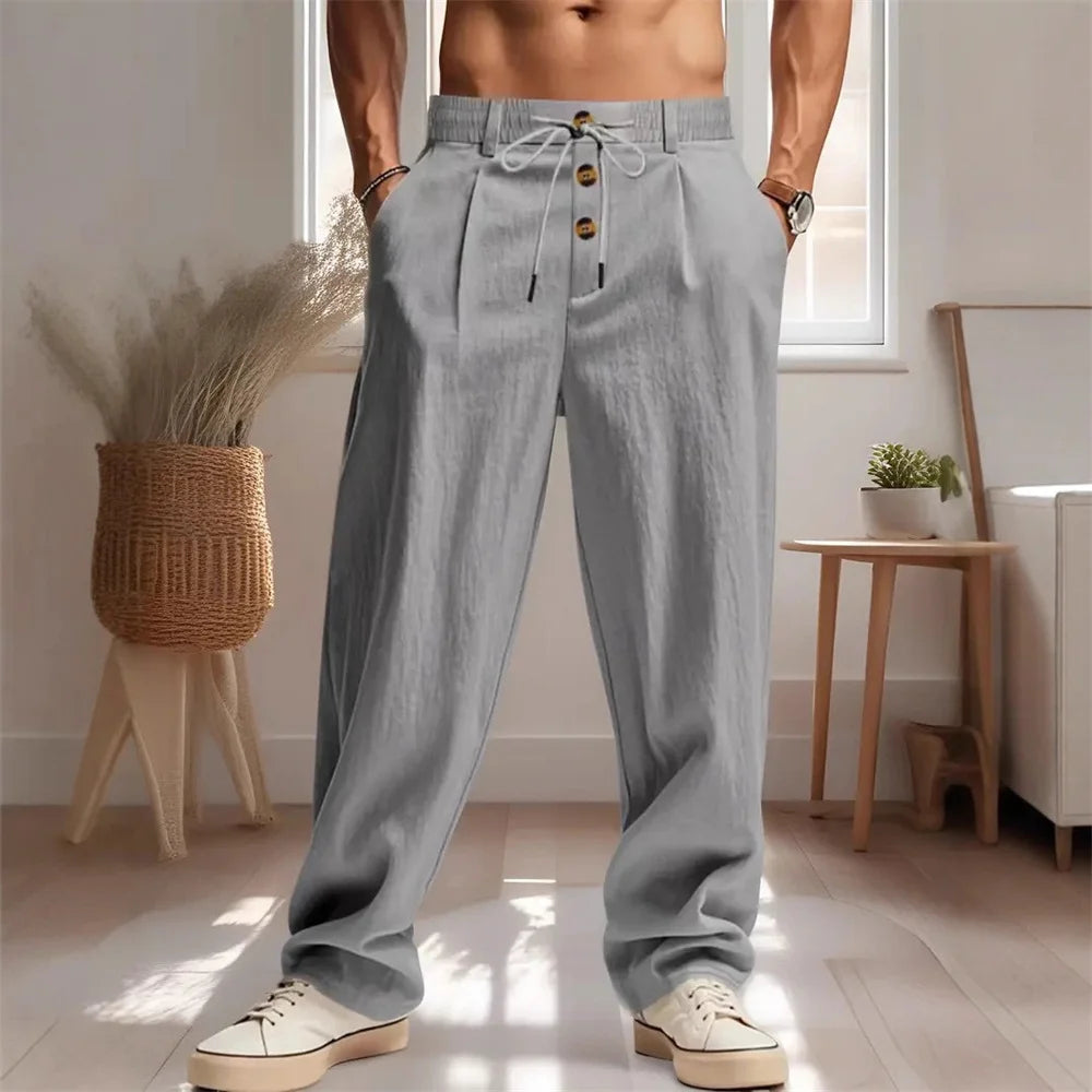 New men's breathable casual cotton-linen trousers, stylish street-style athletic pants, loose straight leg, suitable for beach a