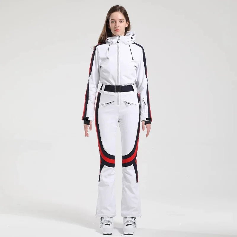 Women One Piece Ski Suit Winter Snowboard Jumpsuit Waterproof Windproof Thicken Hooded Outdoor Sport Wear for Mountain Hiking