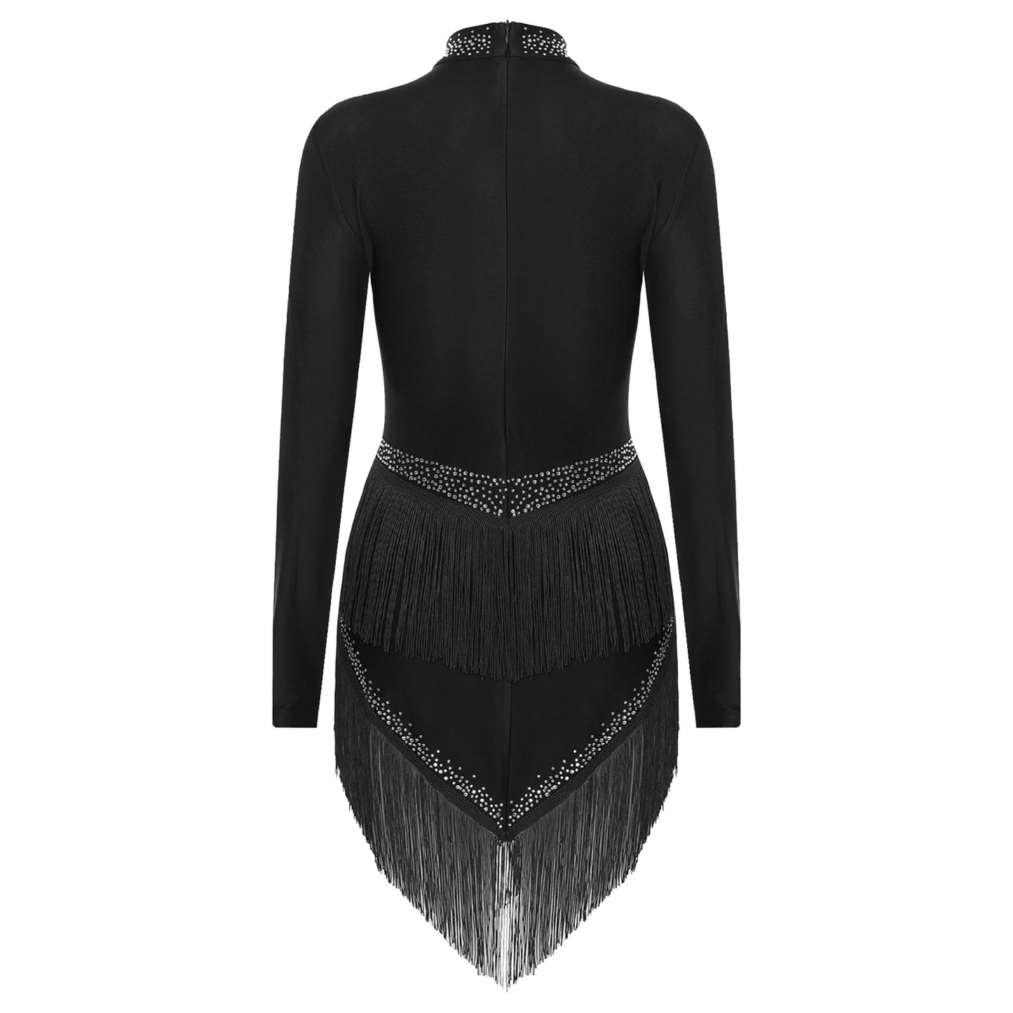 Womens Tassel Latin Tango Samba Dance Dresses Stage Performance Costume Long Sleeve Irregular Hem Shiny Rhinestones Dance Dress