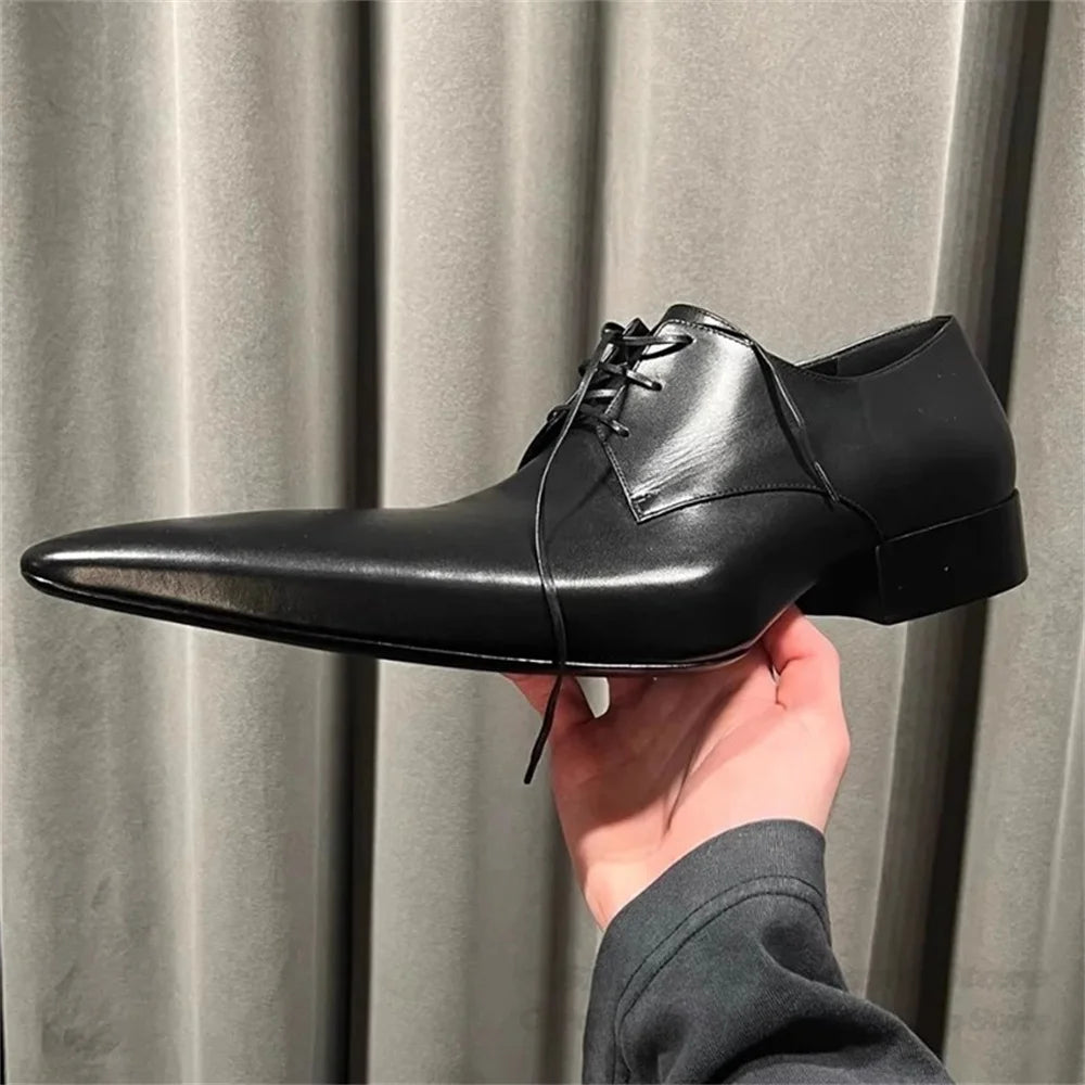 Pointed Leather Shoes for Men Black Retro Derby Shoes Business Formal Lace Up Casual Shoes Men Shallow Summer New Leather Shoes