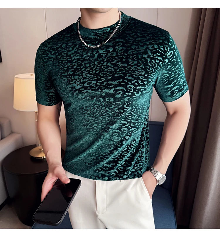 Men's T-Shirts Korean Fashion Gold Velvet Short Sleeve Mens Casual T Shirt Slim Fit Breathable Turtleneck Tee Shirt Homme 4XL-M