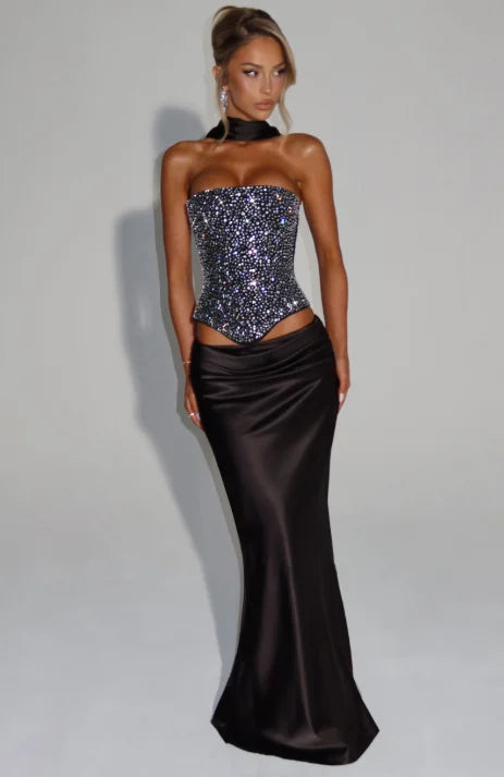 Sexy Sequin Top Long Skirt Set Women Strapless Off-shoulder Slim Tops High Waist Satin Skirts Sets Lady Vacation Party Outfits