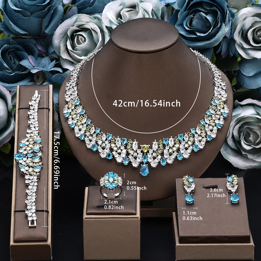 Luxury 4 Pieces Necklace Earrings Set Big Colorful CZ Zircon Wedding Bridal Jewelry Set Dubai Women Gift