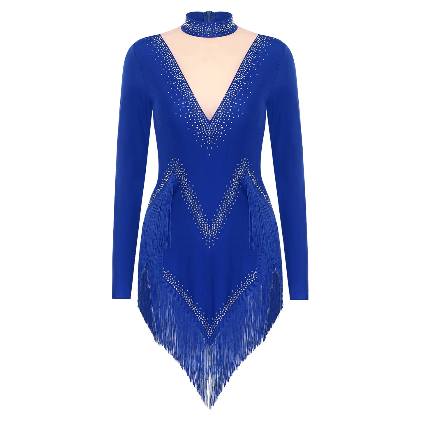 Womens Tassel Latin Tango Samba Dance Dresses Stage Performance Costume Long Sleeve Irregular Hem Shiny Rhinestones Dance Dress