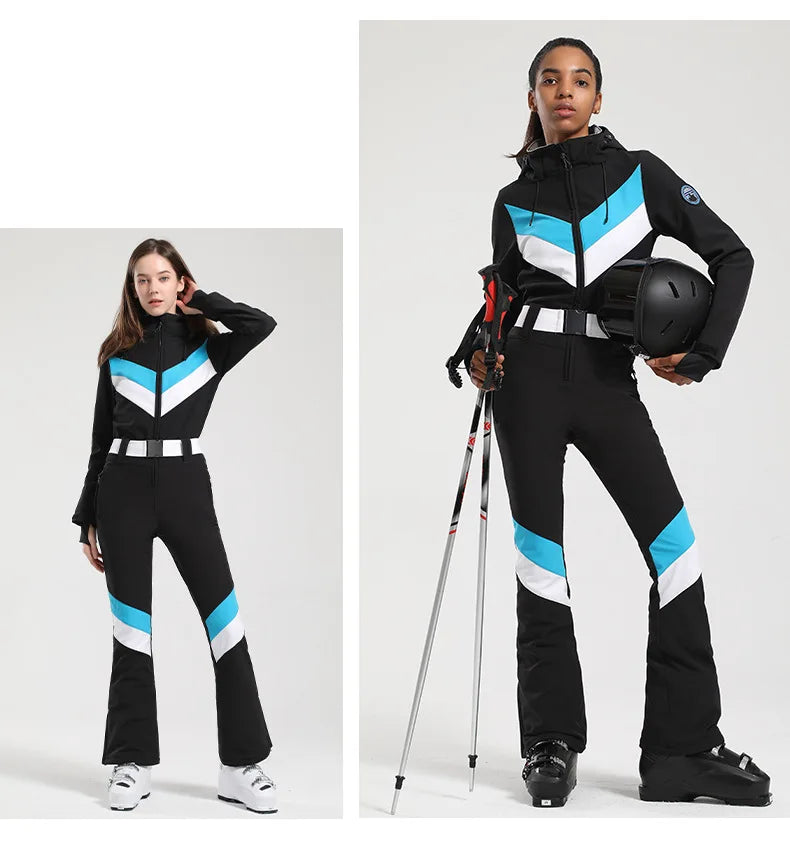 Women One Piece Ski Suit Winter Snowboard Jumpsuit Waterproof Windproof Thicken Hooded Outdoor Sport Wear for Mountain Hiking