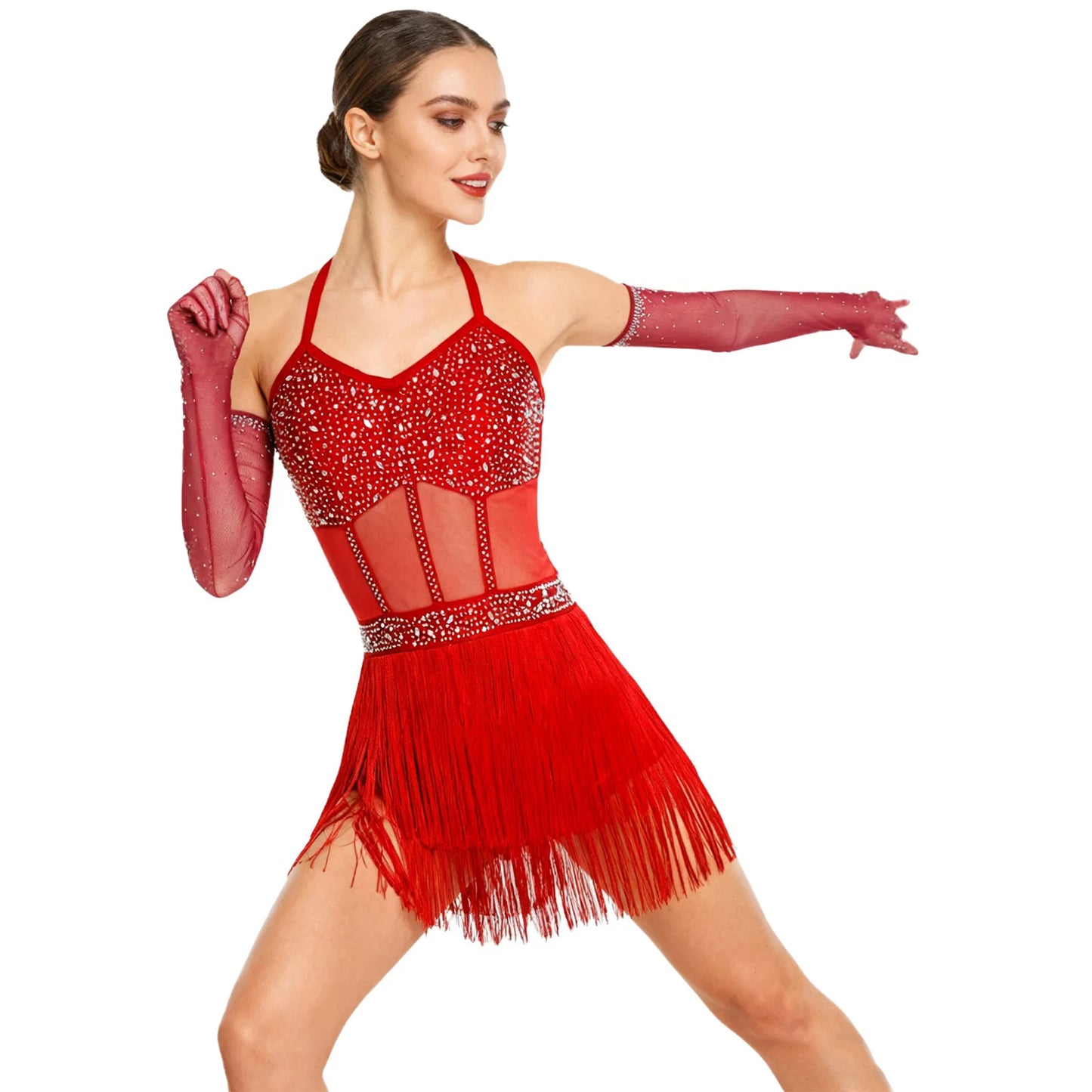 Womens Latin Dance Dress Sheer Mesh Patchwork Tiered Tassel Bodysuit Dress and Gloves for Tango Samba Dance Ballroom Dancewear