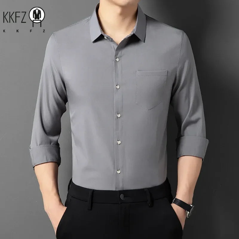 Men's New Casual and Fashionable Long Sleeved Shirt with Pockets Comfortable Wrinkle Resistant and Iron Free Collared Shirt