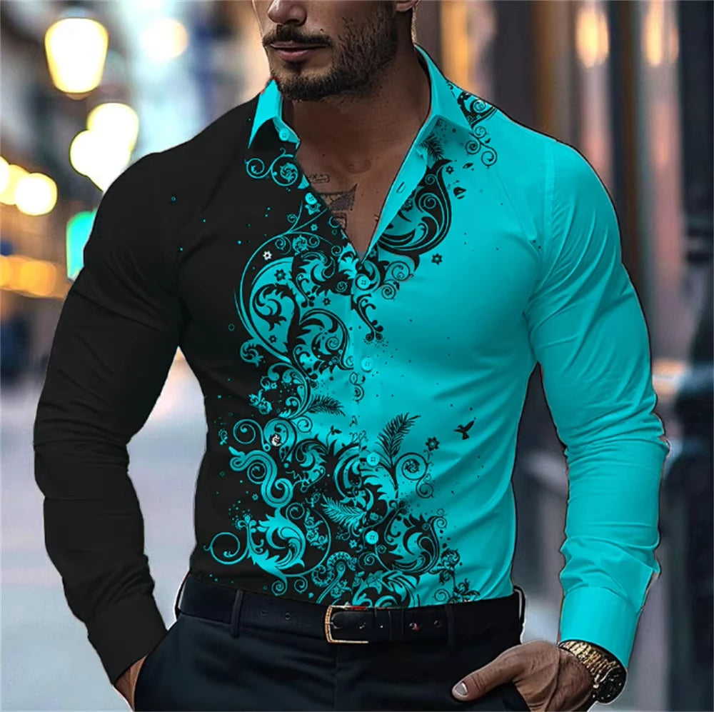 Men'S Stylish Red Floral Print Dress Shirt - Casual Long Sleeve Button-Up Design Spring Fashion Shirt Floral Print Shirt