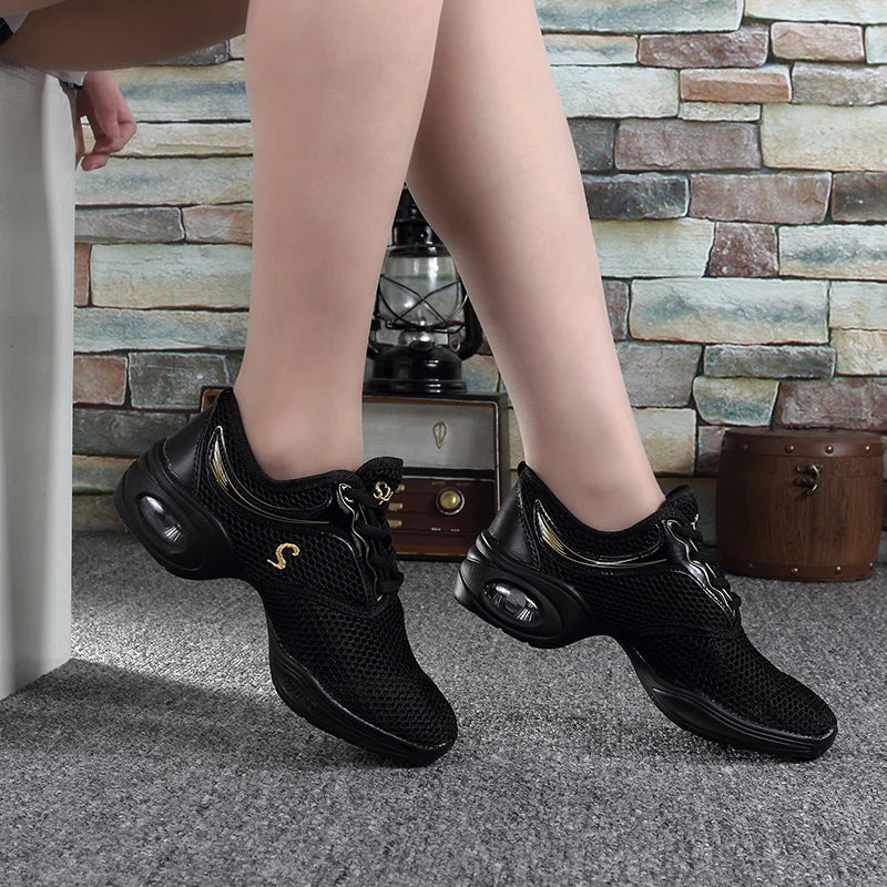 Breathable Dance Sneakers Woman Man Black Red Air Mesh Split-sole Square Dance Salsa Dancing Shoes Girls Ladies Sports Shoes