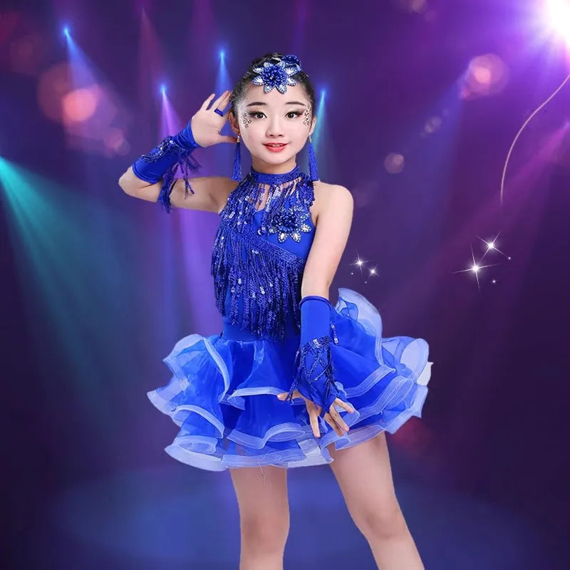 Teenager Girl 's Latin Dance Costumes Latin Skirt Sequins Performing Competition Costume Girls Salsa Dancing Tassel Dress