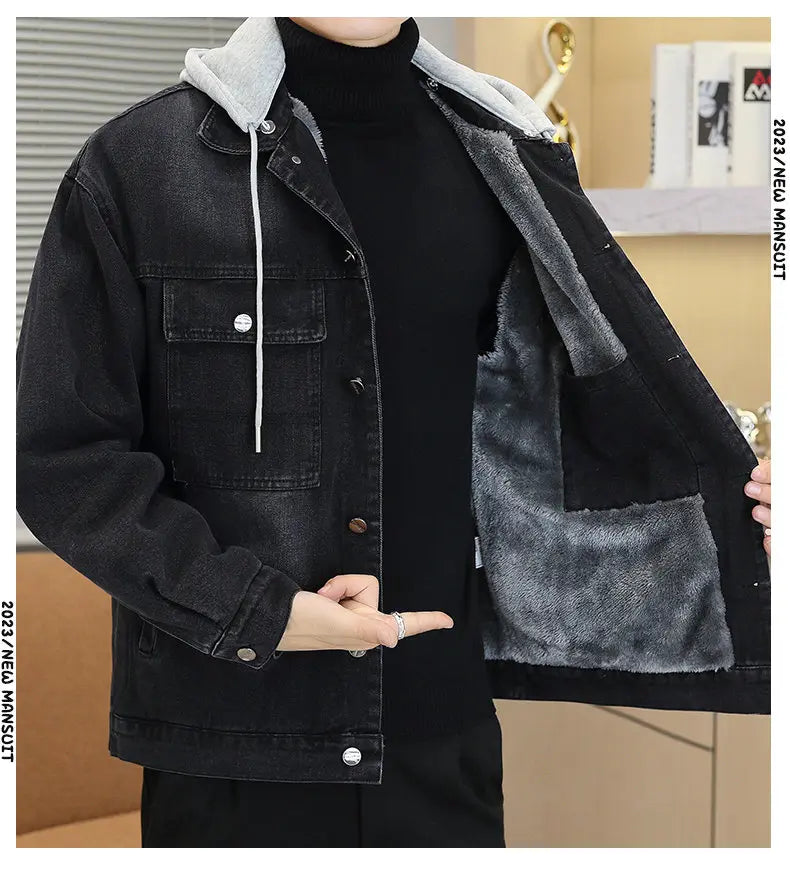 Winter Men's Denim Jacket Thicken Fleece Warm Coats Fashion Classic Hooded Slim Biker Jeans Jacket Outwear