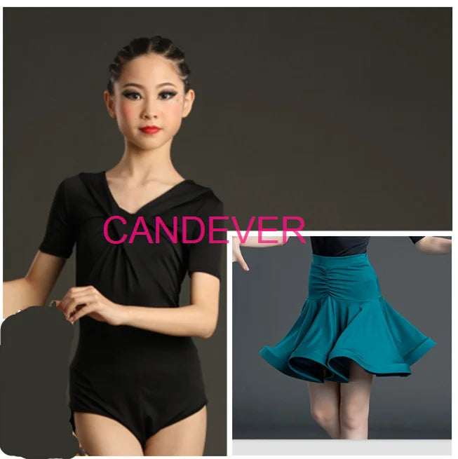 sexy Latin Dance Costume For Girls Ballroom Salsa Tango top Skirts Kids Child lace Leopard Latin Dance Split Dress Leotard Skirt