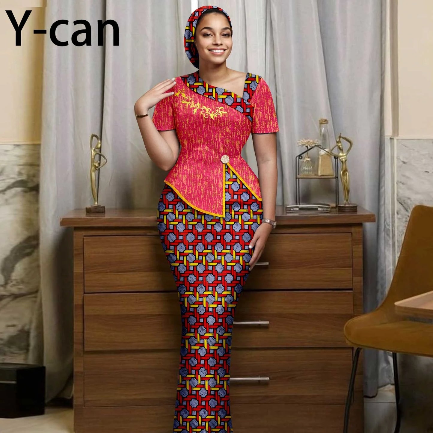 African Women Skirt Set Luxury Gown Short Sleeve Slit Top and Slim Skirt Vestidos with Headwrap Wedding Dress 2526056