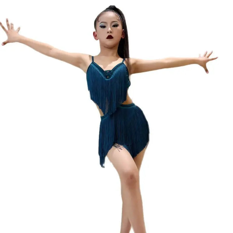 Latin american Dance velvet feather Long Dress Girls Kids Samba Salsa Cha Cha Rumba Tango Children Competition Ballroom Dresses