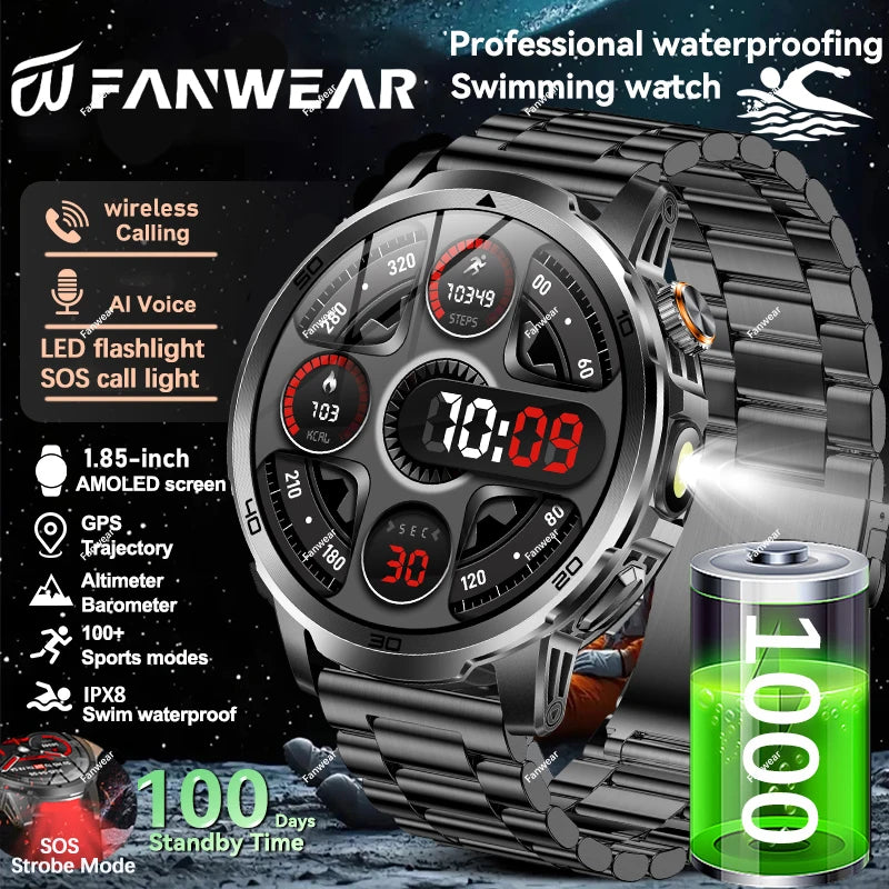 Fanwear men's smart watch SOS distress light +LED flashlight dual light mode 1000 mAh battery GPS trajectory 1.85 inch AMOLED