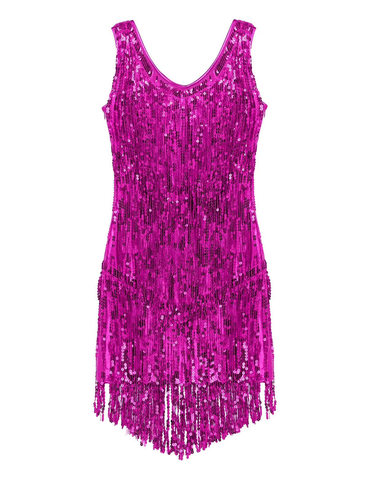 Women Latin Dress Shiny Sequin Sleeveless Tassels Fringed Dress Tango Samba Rumba Ballroom Salsa Jazz Dance Performance Costume