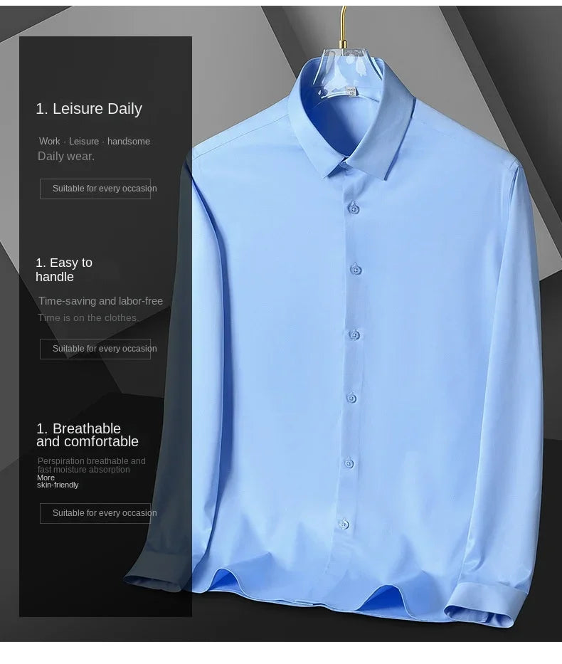 Summer shirt, men's white glossy non ironing shirt, men's wrinkle resistant ice silk casual high-end seamless business shirt