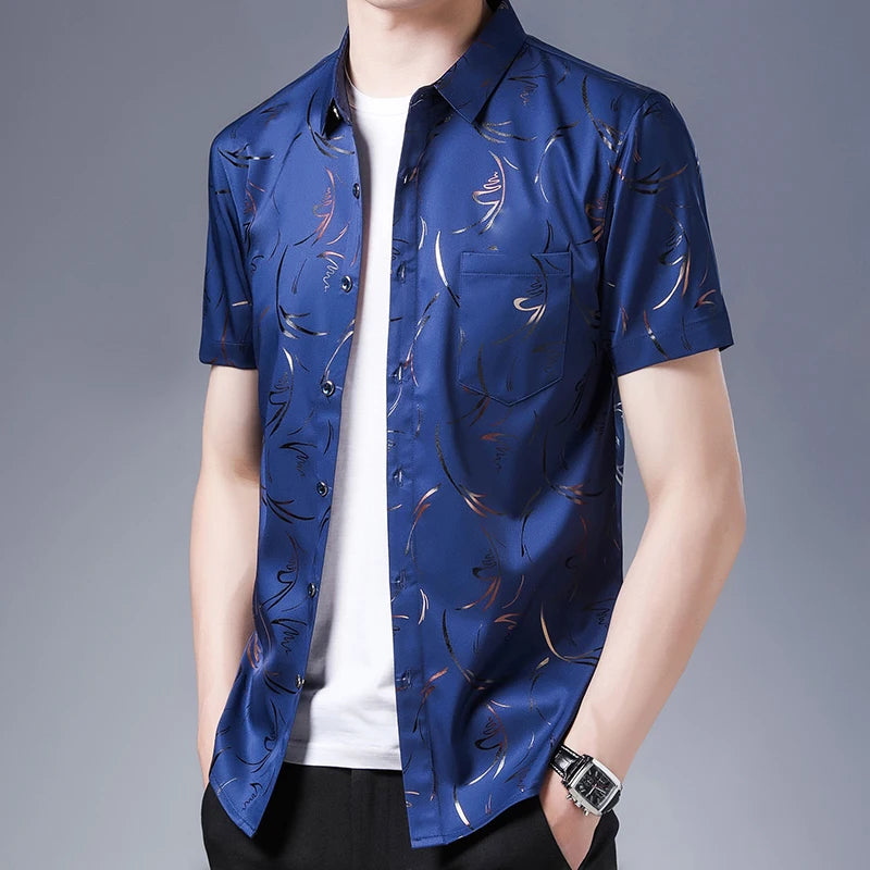 New Men's Casual Printed Short Sleeved Lapel Shirt for Summer Fashion Comfort No Ironing Wrinkle Resistant Top