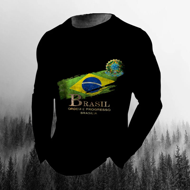 Vintage Brazilian Flag 3D Print Autumn Men's O-Neck T-shirt Casual Long Sleeve Oversized T Shirt Fashion Pullover Men Clothing
