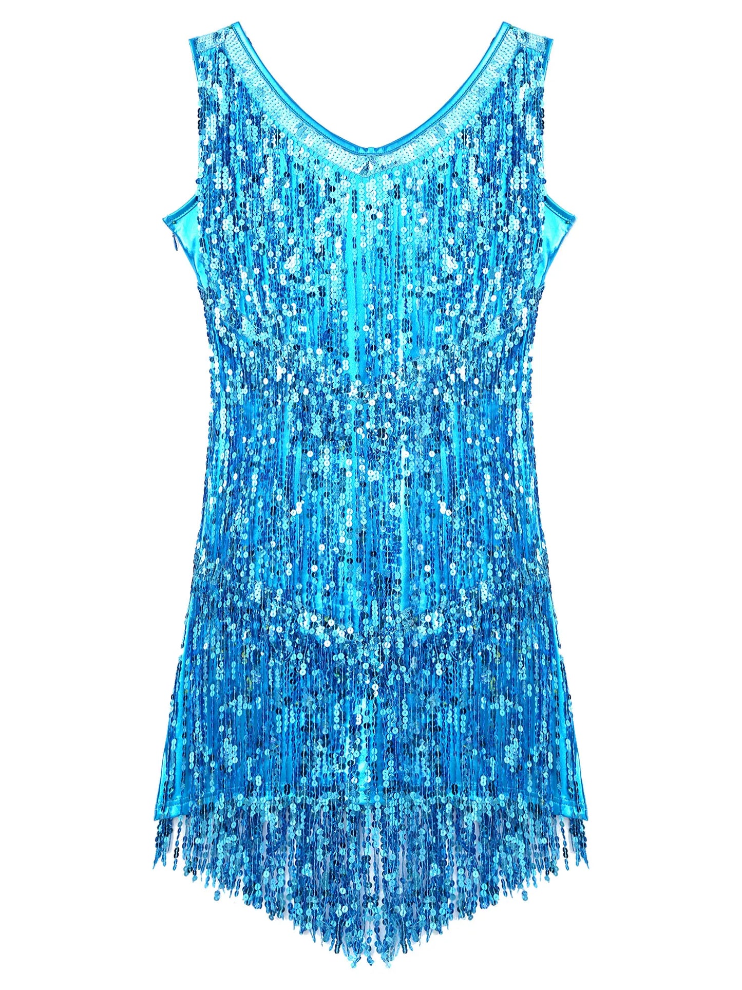 Women Latin Dress Shiny Sequin Sleeveless Tassels Fringed Dress Tango Samba Rumba Ballroom Salsa Jazz Dance Performance Costume