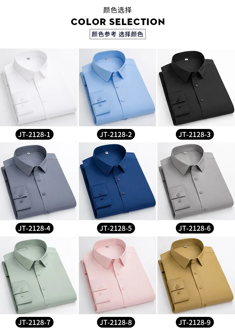 Summer shirt, men's white glossy non ironing shirt, men's wrinkle resistant ice silk casual high-end seamless business shirt