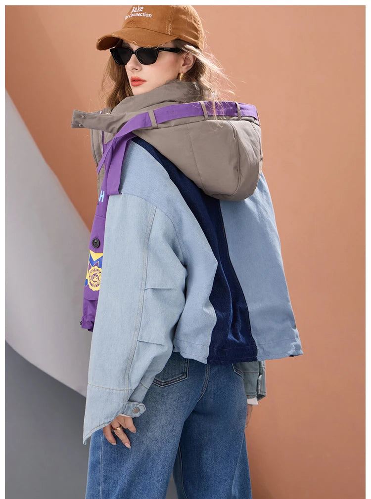 Women Short Puffer Jacket Hooded Thick Warm Winter Coat Color Block Denim Sleeve Streetwear Oversized Fashion Down Outerwear
