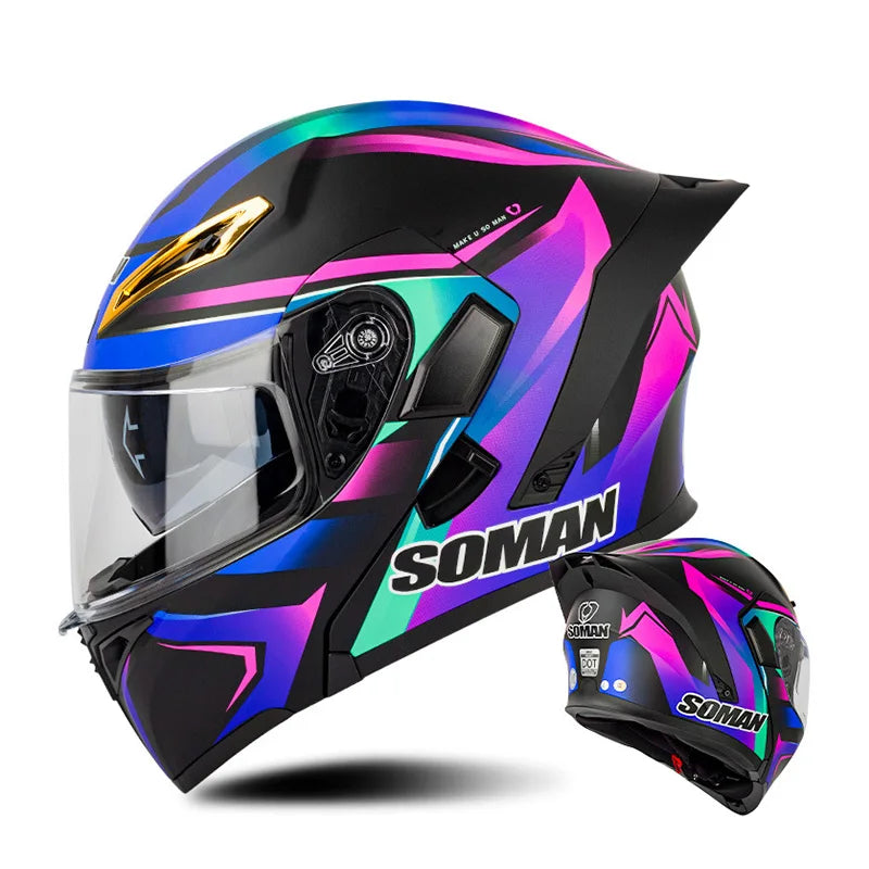 DOT Approved Men's Motorcycle Helmet Full Face Helmet with Double Visor Flip Up Motocross Helmet Four Seasons Universal