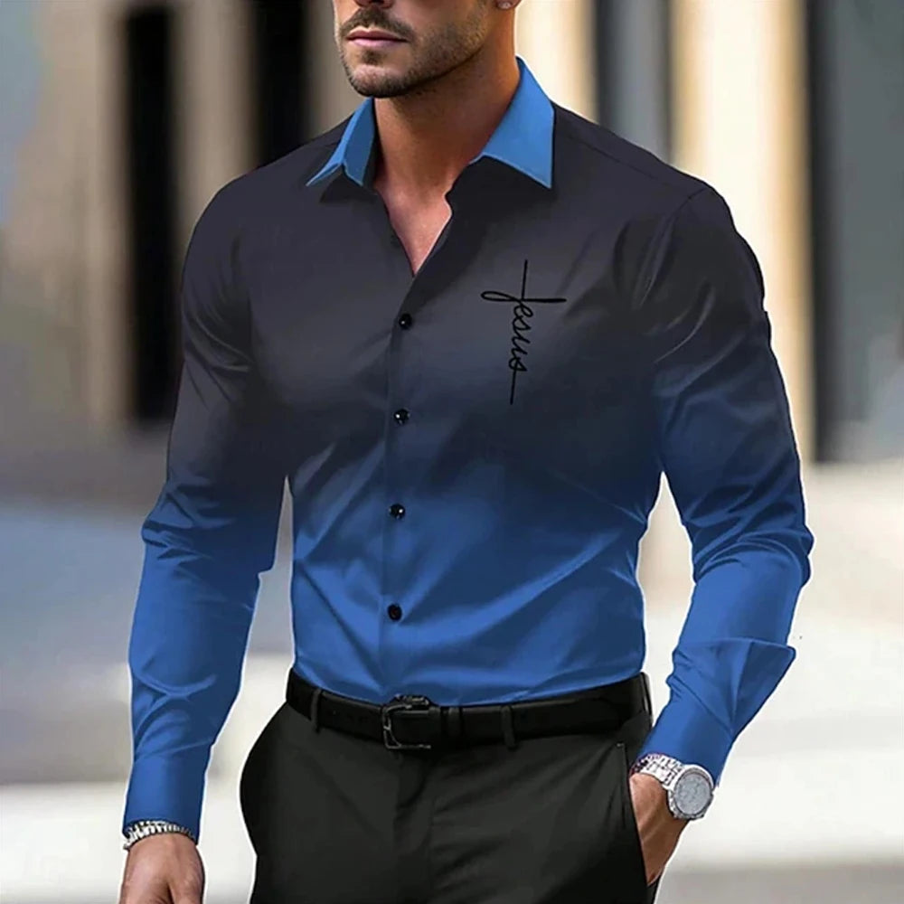 New Spring Autumn Men Clothes Long Sleeve Gradient Color 3D Digital Print Shirt Men Casual Fashion Tops