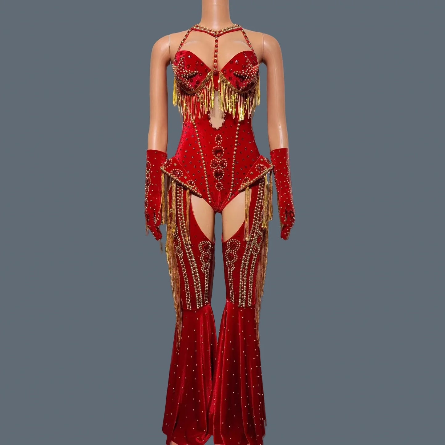 Women Sparkly Rhinestone Bodysuit 4Pieces Set Night Party Cowboy Show Outfit Cabaret Carnival Showgirl Sexy Jumpsuit Hongding